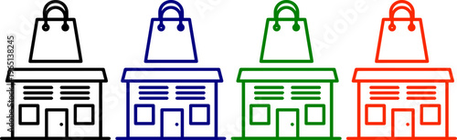Shopping bag and store facade icons on transparent background, retail and commerce vector illustration set