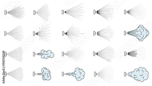 Comprehensive set of different spray patterns and mist effects ranging from fine particles to large vapor clouds.