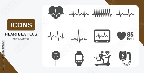 Heartbeat ECG Icon Set – Cardiac Monitoring, Arrhythmia Detection & Heart Health Symbols