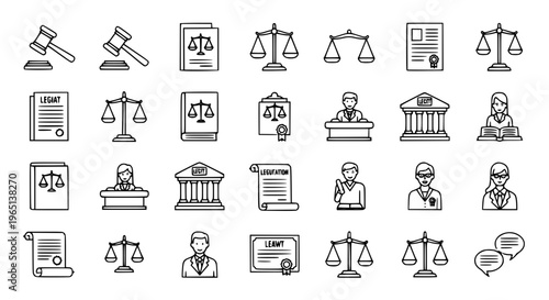 Minimal legislation outline icon set with law, legal, and justice symbols