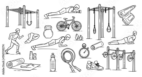 Detailed outdoor fitness outline icon set with exercise, park workout, and sports illustrations