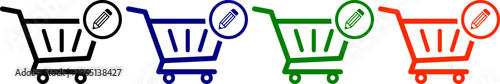 Shopping cart with pencil icon in black blue green and orange colors for ecommerce edit concepts