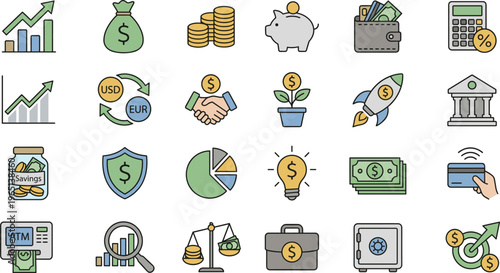 Finance and Investment Flat Icon Set Featuring Money, Banking, Savings, Currency Exchange, Profit Growth, Payments, Security, and Business Financial Symbols for Digital Design