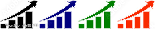 Growing bar chart with rising arrow, indicating progress and success in black, blue, green, red colors
