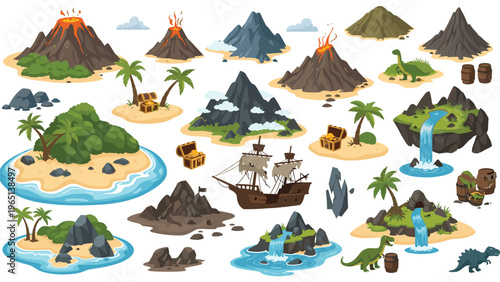 Collection of cartoon islands with volcanoes palm trees treasure chests and shipwreck elements for game design and creative storytelling projects.