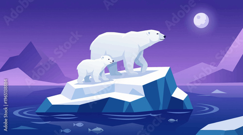 An adult polar bear and its cub stand on a small melting ice floe in the arctic ocean under a purple sky with a full moon.