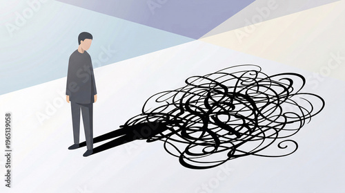 a faceless figure whose shadow is a complex, messy knot