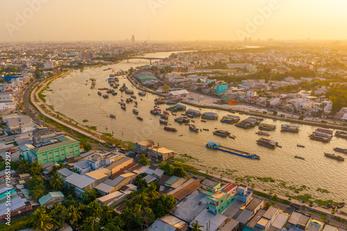 Aerial view of Cai Rang floating market, Can Tho, Vietnam. It is famous market in Mekong Delta, Vietnam with many boats and ship