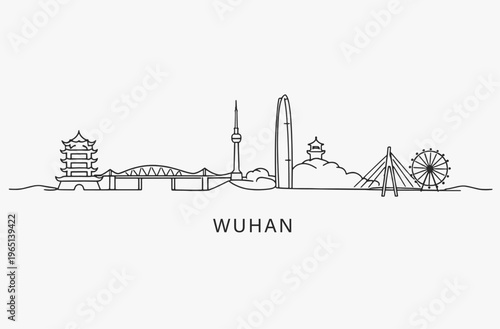 Flat Design one line without breaking the wuhan city.