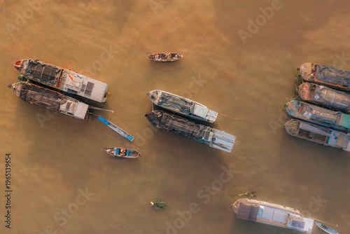 Aerial view of Cai Rang floating market, Can Tho, Vietnam. It is famous market in Mekong Delta, Vietnam with many boats and ship