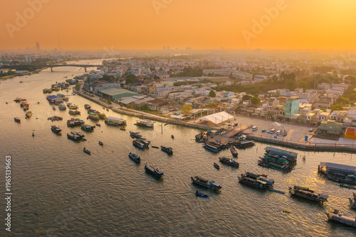 Aerial view of Cai Rang floating market, Can Tho, Vietnam. It is famous market in Mekong Delta, Vietnam with many boats and ship