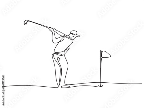 Continuous one line drawing of golfer and golfer hitting ball, sport vector illustration