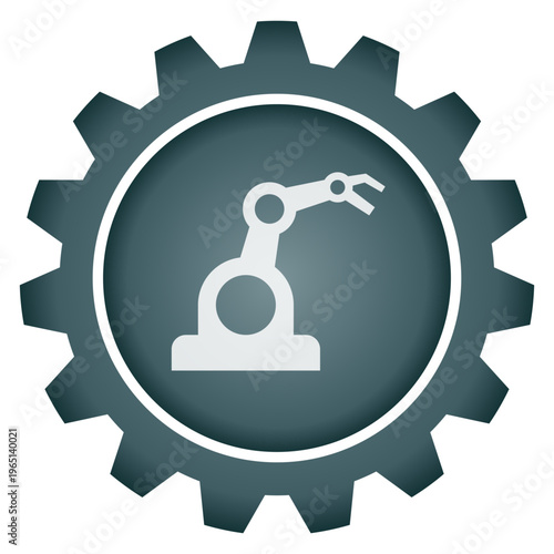 Industrial robotic arm and automation icon in gear for manufacturing and technology concepts professional vector and png illustration for factory workflows