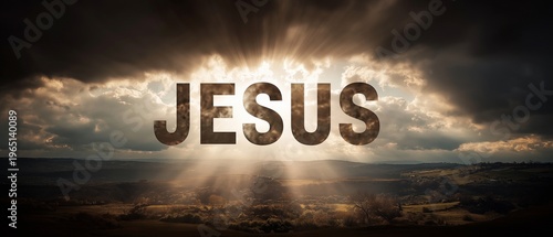 A powerful spiritual showing the name “Jesus” formed in radiant light breaking through dramatic clouds above a peaceful landscape.