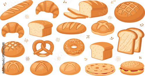 Baked Goods and Bread Vector Set with Loafs, Croissants, Pretzels, Bagels and Cookies
