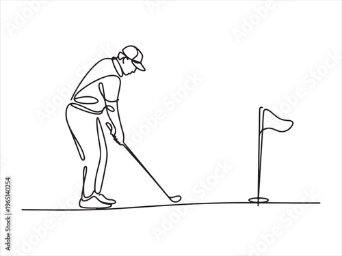 Continuous one line drawing of golfer and golfer hitting ball, sport vector illustration