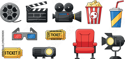 Cinema and Movie Theater Vector Set with Film Reel, Clapperboard, Tickets, Projector, Popcorn, Drink, Glasses, and Seating for Entertainment Design