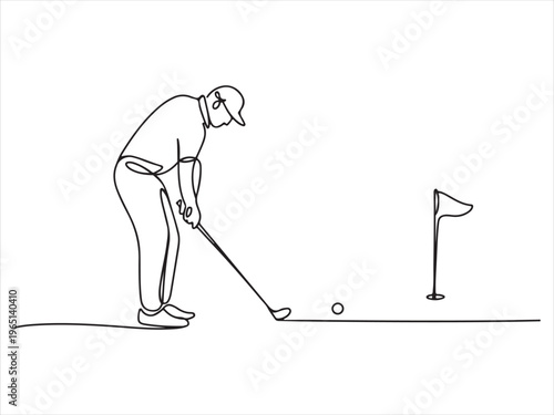 Continuous one line drawing of golfer and golfer hitting ball, sport vector illustration