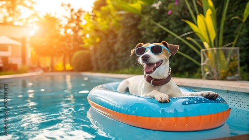 Happy dog riding inflatable pool float at golden hour in backyard swimming pool