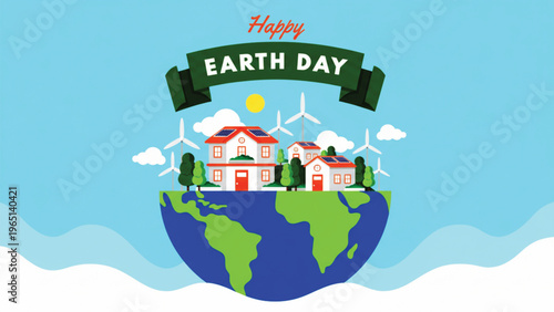 Earth Day community scene with solar powered houses and wind turbines on planet globe representing green living and sustainable urban development for April 22