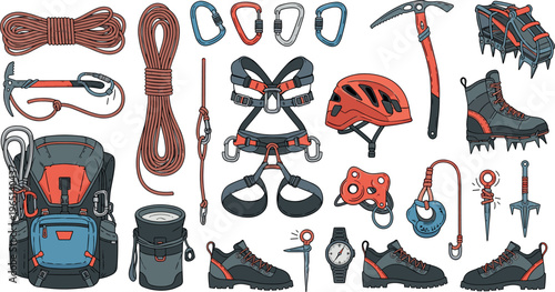Climbing and Mountaineering Gear Vector Set with Rope, Ice Axe, Helmet, Shoes, and Carabiners