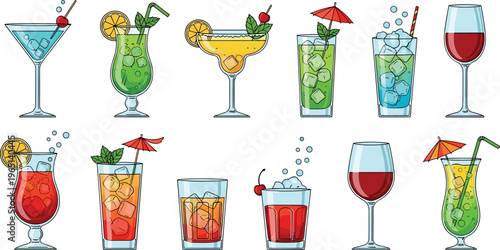 Cocktails and Refreshing Drinks Vector Set with Mojitos, Margaritas, Juices, and Umbrella Garnishes