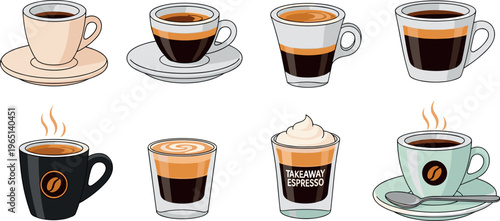 Coffee Cup Icon Set with Espresso, Cappuccino, Latte, and Hot Coffee for Café and Beverage Design