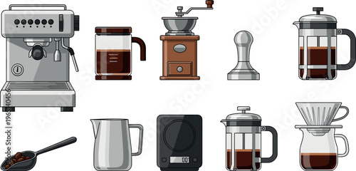 Coffee Equipment Icon Set with Espresso Machine, Grinder, French Press, and Accessories for Café and Brewing Design