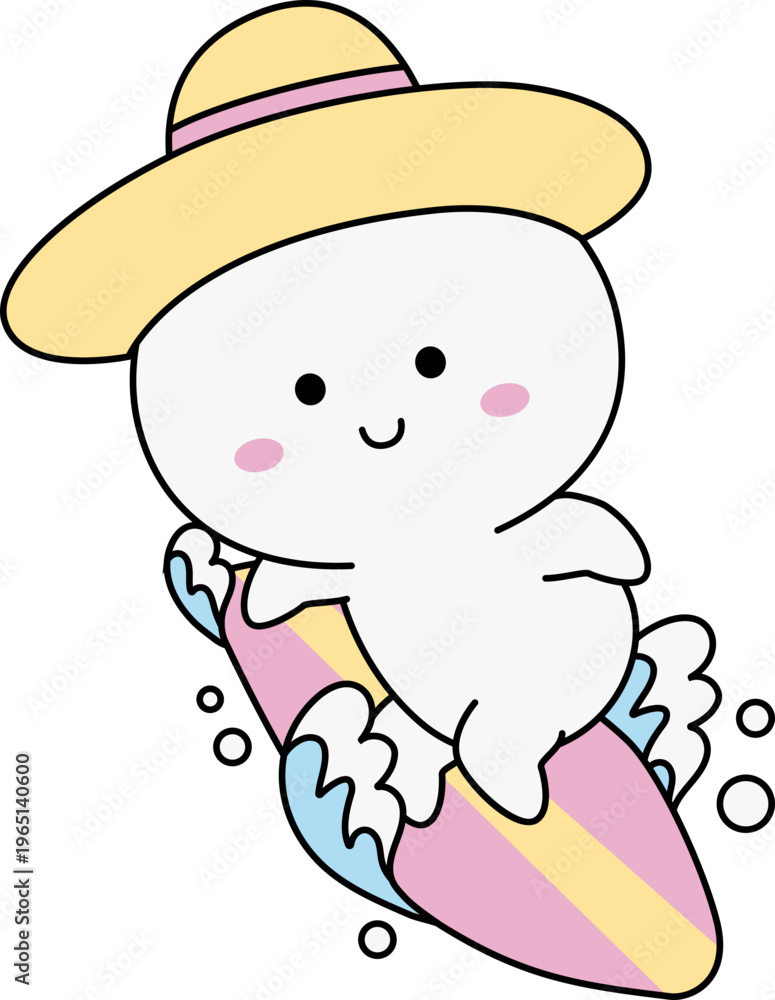 Fototapeta premium Cute Emoji Surfing On Wave Summer Beach Holiday Activity