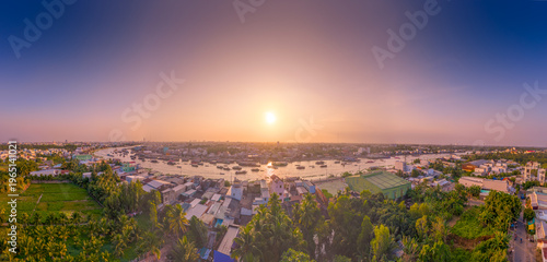 Aerial view of Cai Rang floating market, Can Tho, Vietnam. It is famous market in Mekong Delta, Vietnam with many boats and ship