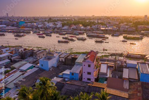 Aerial view of Cai Rang floating market, Can Tho, Vietnam. It is famous market in Mekong Delta, Vietnam with many boats and ship