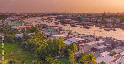 Aerial view of Cai Rang floating market, Can Tho, Vietnam. It is famous market in Mekong Delta, Vietnam with many boats and ship