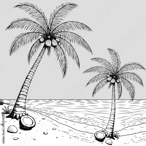 Print Black sketch palm tree and coconut outline horizontal seamless border. Vector drawing coco plants. Hand drawn endless illustration, tropical graphic image 