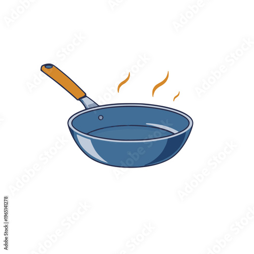 A blue frying pan with a wooden handle on transparent background