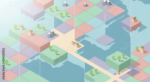 Isometric cityscape, pastel colored blocks, urban landscape, 3D illustration