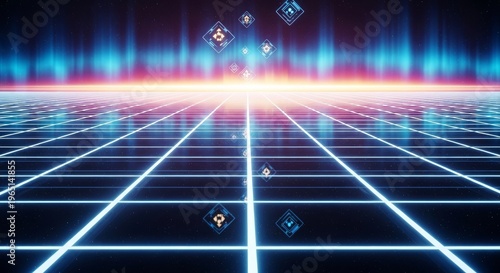 Neon grid background, futuristic cyberpunk design, glowing blue lines, vibrant digital landscape