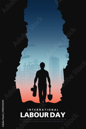 happy Labour day or international workers day vector illustration, site engineer, labour with safety cap going to construction site. labor day and may day celebration design.