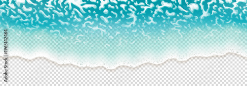 Turquoise sea waves template. 3d vector illustration with top view of ocean or sea water waves isolated on checkered background. Gradient splashing sea waves with transparency effect. Summer design.