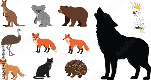 Various Wild Animal Characters Including Fox, Koala, Kangaroo, Ostrich, Bear, and More for Wildlife, Nature, and Animal Illustration Designs