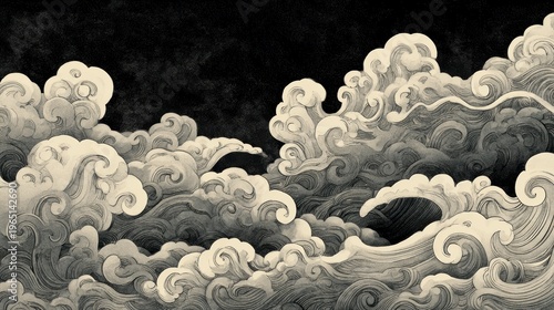 黒とグレーで描かれた伝統的な日本の波と雲の文様、水墨画風の背景素材