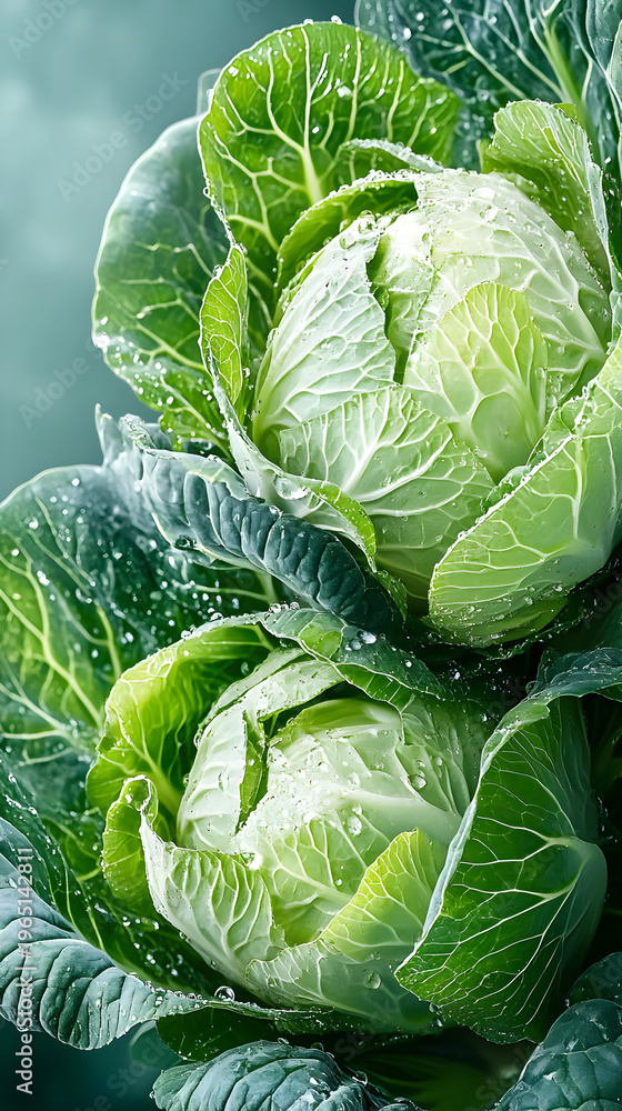Fototapeta premium Macro shot of fresh green cabbage leaves with water drops