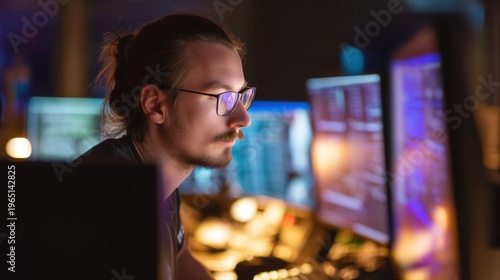 Focused young programmer working at multiple monitors in a dark modern office, illuminated by colorful screen light.