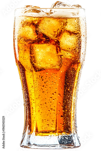 Cold cola soda drink with ice cubes in a tall glass isolated on white