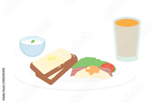 オレンジジュースとヨーグルト付きのトーストモーニングセット