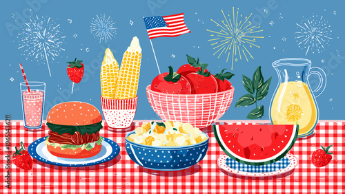People enjoy a festive 4th of July BBQ and picnic outdoors with food