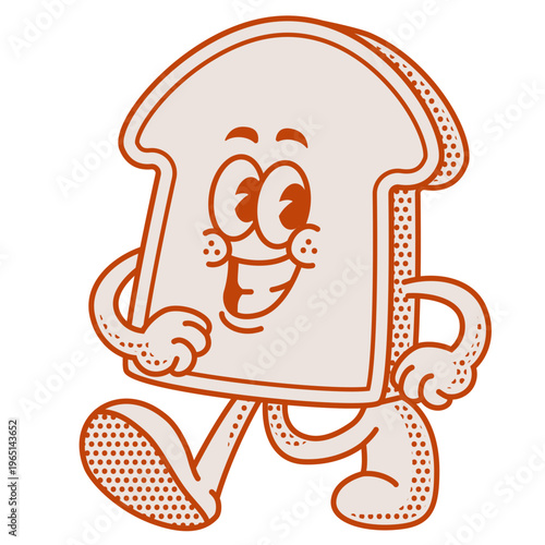 Cute Retro Bread Slice Character Walking Smiling Vintage Food Mascot