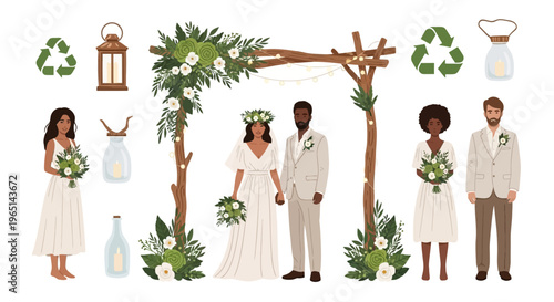 Eco-friendly Wedding Couple Illustration with Rustic Arch and Greenery
