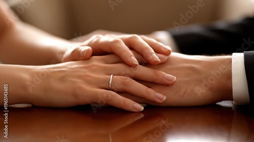 Couple’s Intertwined Fingers on Table Close Up Romantic Love Gesture