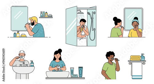 Daily Hygiene Routine: People Brushing Teeth, Washing Face, Showering in Bathroom - Set