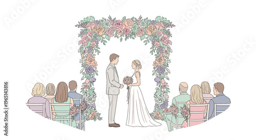Wedding Ceremony Arch with Floral Decor, Bride and Groom Exchanging Vows with Guests